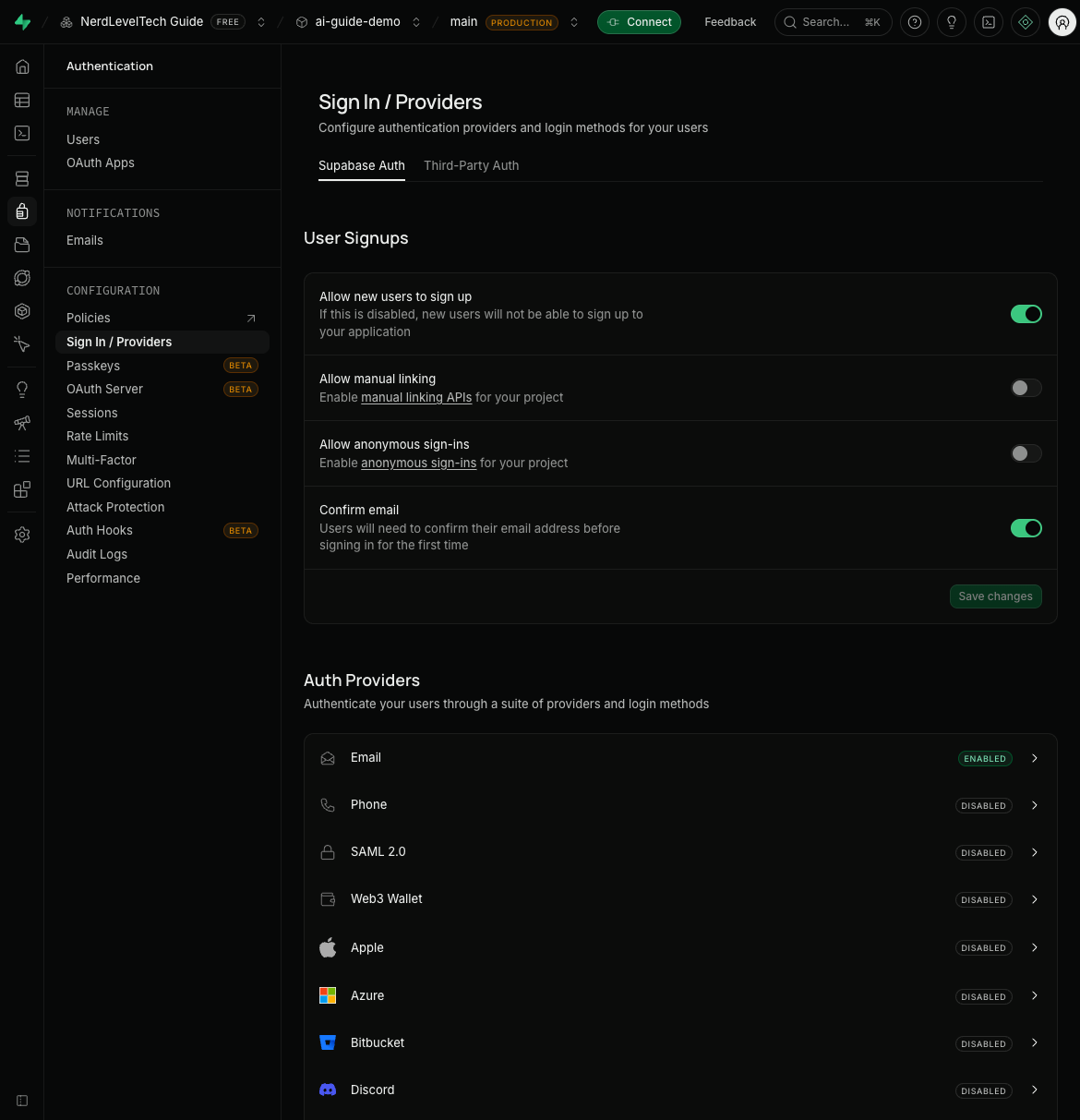 Supabase Authentication — enable email provider and configure redirect URLs