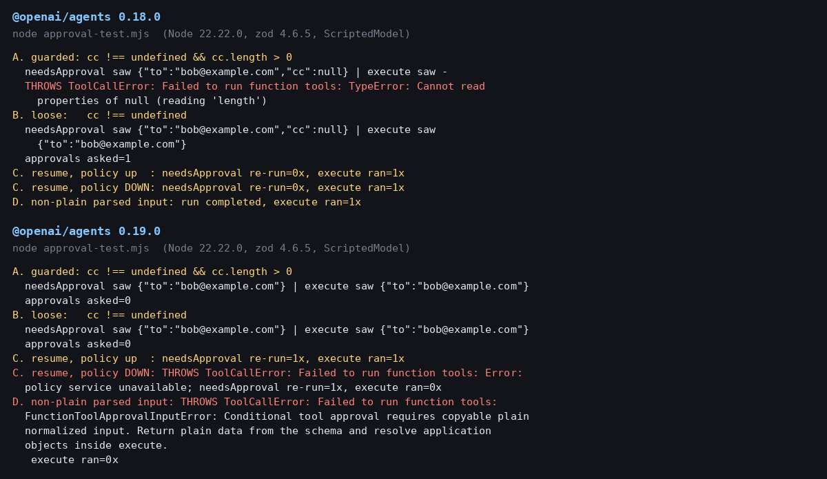 Terminal output of approval-test.mjs run against @openai/agents 0.18.0 and 0.19.0